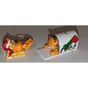 2 Vintage 1980's Collectible Garfield Christmas Ornaments Rare Wooden